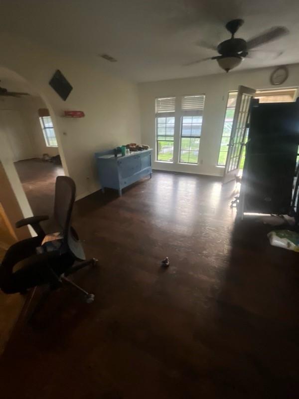 bedroom with a spacious closet, ceiling fan, wood-type flooring, and a closet