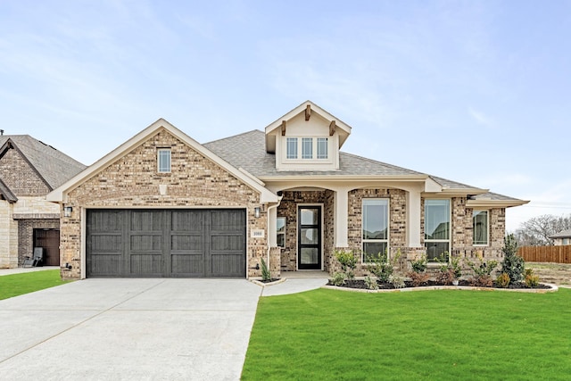 view of front of property with brick siding, fence, a front yard, a garage, and driveway