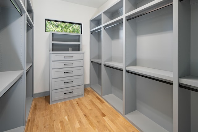 walk in closet with light hardwood / wood-style flooring