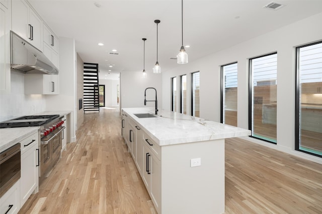 kitchen with a center island with sink, white cabinetry, and sink