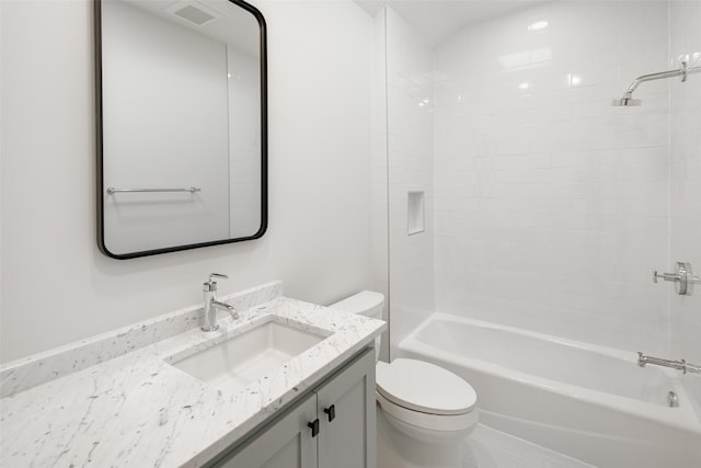 full bathroom featuring bathtub / shower combination, vanity, and toilet