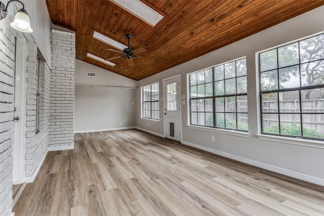 unfurnished living room with vaulted ceiling with skylight, ceiling fan, light hardwood / wood-style floors, and wooden ceiling