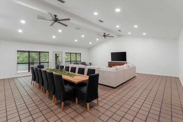 dining room featuring ceiling fan, tile patterned floors, and vaulted ceiling with beams