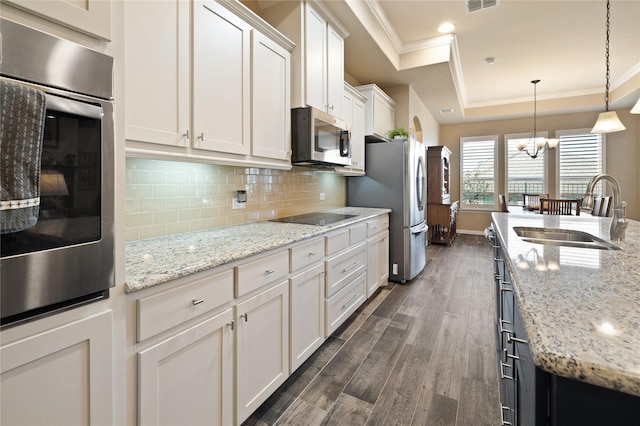 kitchen with sink, white cabinetry, stainless steel appliances, a tray ceiling, and light stone countertops