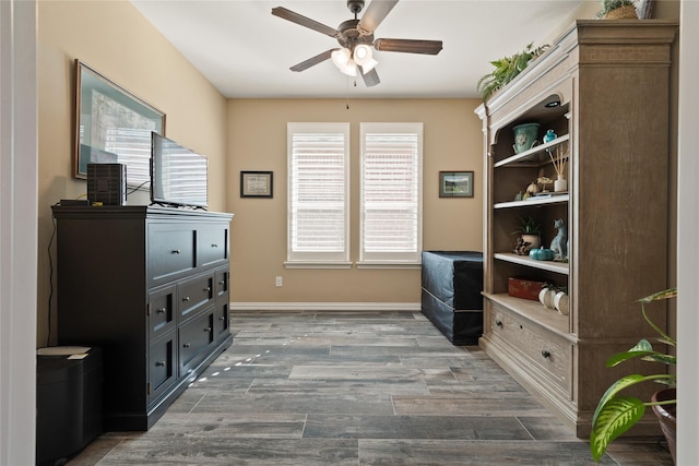 interior space featuring wood-type flooring and ceiling fan