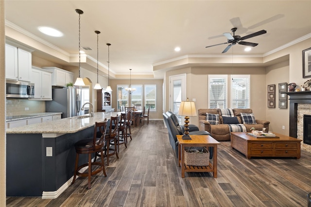 living room featuring sink, crown molding, a fireplace, dark hardwood / wood-style flooring, and ceiling fan with notable chandelier