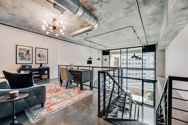 interior space with concrete floors, an inviting chandelier, and floor to ceiling windows