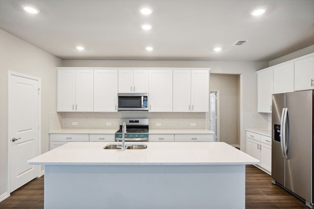 kitchen featuring sink, white cabinetry, stainless steel appliances, and a kitchen island with sink