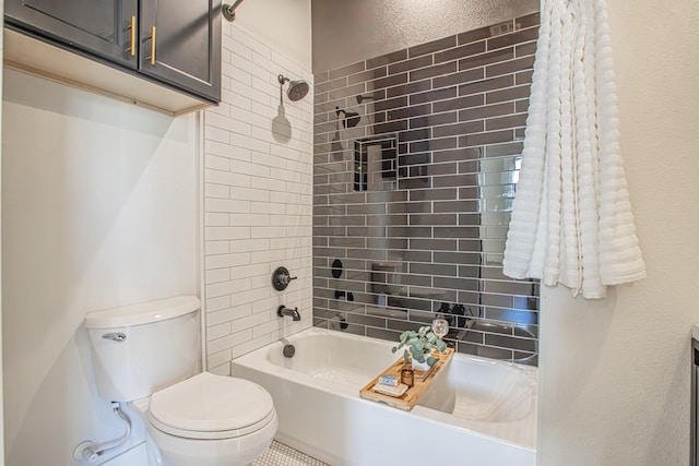 bathroom featuring toilet and shower / bathtub combination with curtain