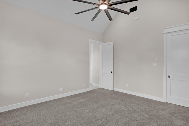 unfurnished room with carpet, ceiling fan, and high vaulted ceiling