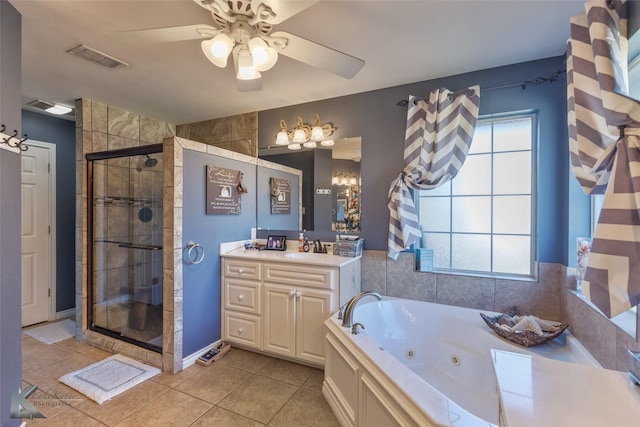 bathroom featuring independent shower and bath, vanity, tile patterned floors, and ceiling fan