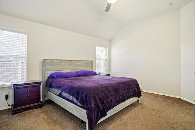 carpeted bedroom featuring multiple windows, vaulted ceiling, and ceiling fan