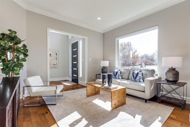 living room featuring light wood-type flooring and ornamental molding