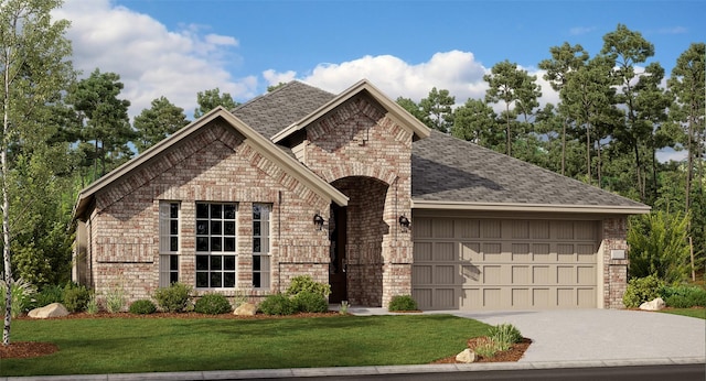 view of front of property with a garage and a front lawn