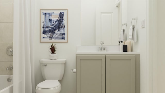 full bathroom featuring vanity, shower / tub combo with curtain, and toilet