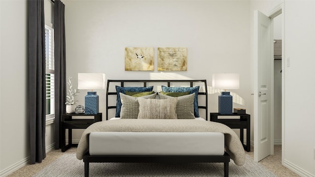 bedroom featuring light colored carpet