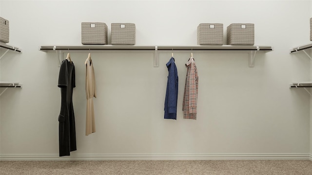 walk in closet featuring light carpet