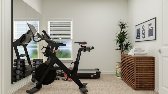 workout room featuring light colored carpet