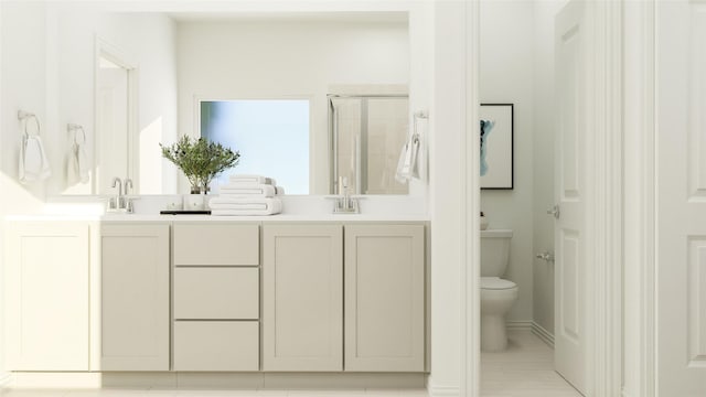 bathroom with an enclosed shower, vanity, and toilet