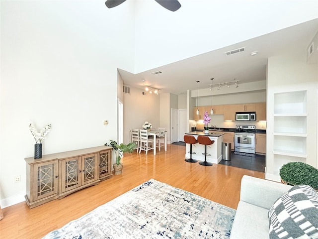 living room featuring ceiling fan, light hardwood / wood-style flooring, and sink