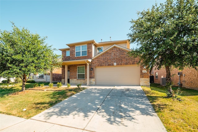 front of property with a garage, cooling unit, and a front yard