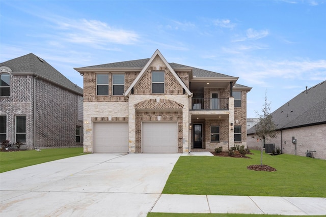 view of front of house with a balcony, a garage, central AC unit, and a front yard