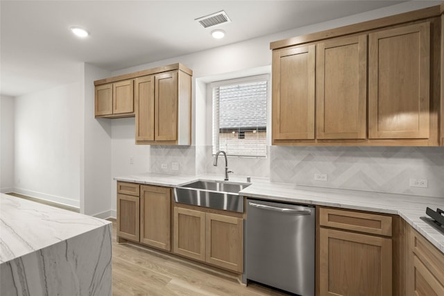 kitchen with sink, backsplash, stainless steel dishwasher, and light wood-type flooring