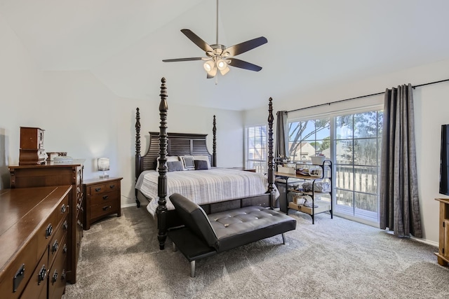 carpeted bedroom featuring access to outside, ceiling fan, and lofted ceiling