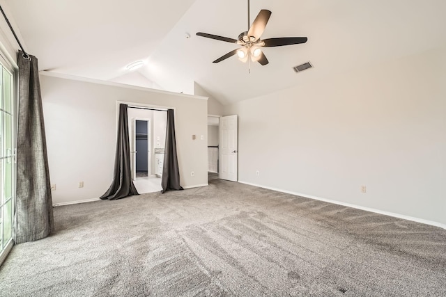 unfurnished bedroom featuring carpet, high vaulted ceiling, and ceiling fan