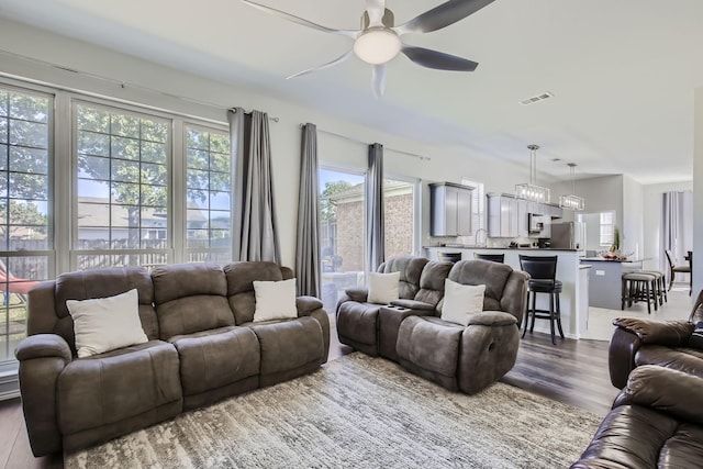 living room with ceiling fan and wood-type flooring