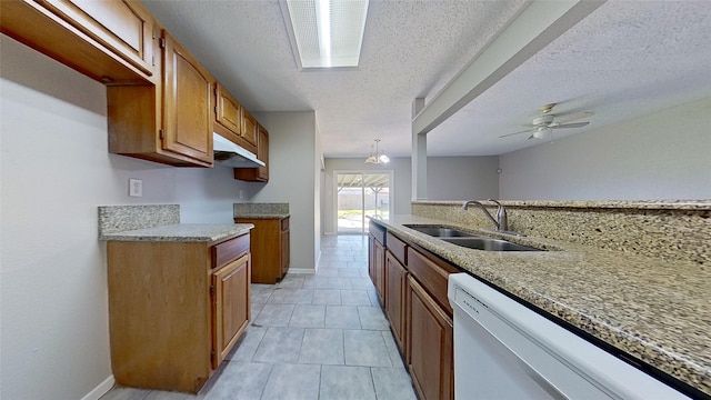 kitchen featuring ceiling fan with notable chandelier, a textured ceiling, sink, pendant lighting, and dishwasher