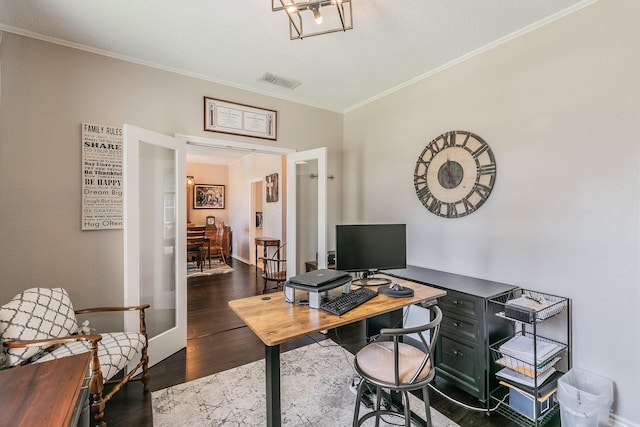 office area with a textured ceiling, french doors, dark hardwood / wood-style floors, and ornamental molding