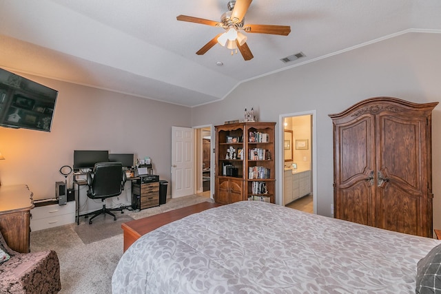 carpeted bedroom with ceiling fan, crown molding, lofted ceiling, and ensuite bathroom