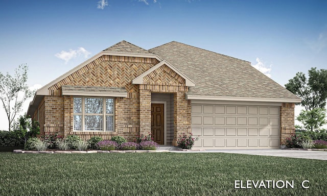 view of front of home featuring a front lawn and a garage