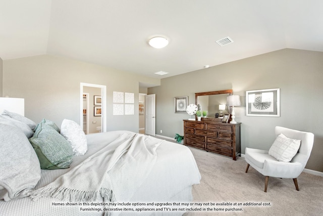 bedroom with light carpet and vaulted ceiling