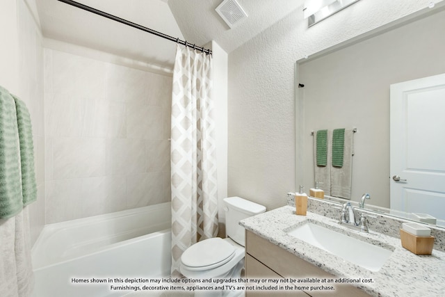 full bathroom with shower / bath combination with curtain, toilet, a textured ceiling, and vanity