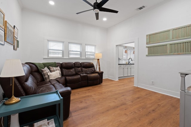 living room featuring ceiling fan, sink, light wood-type flooring, and ornamental molding