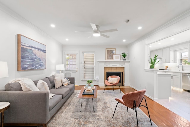 living room featuring ceiling fan, light wood-type flooring, a fireplace, and ornamental molding