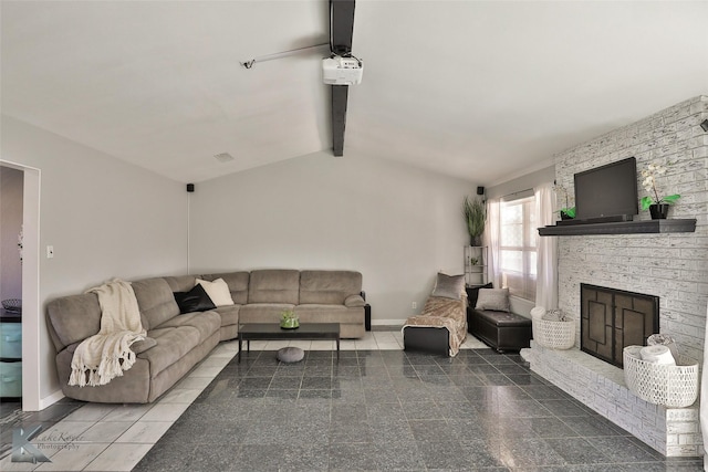 living room featuring a fireplace and vaulted ceiling with beams