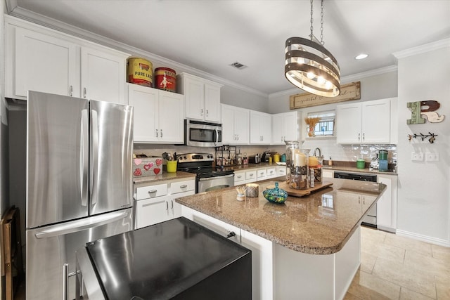 kitchen with white cabinetry, stainless steel appliances, crown molding, pendant lighting, and a kitchen island