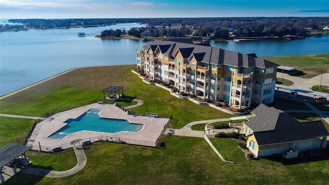 aerial view featuring a water view