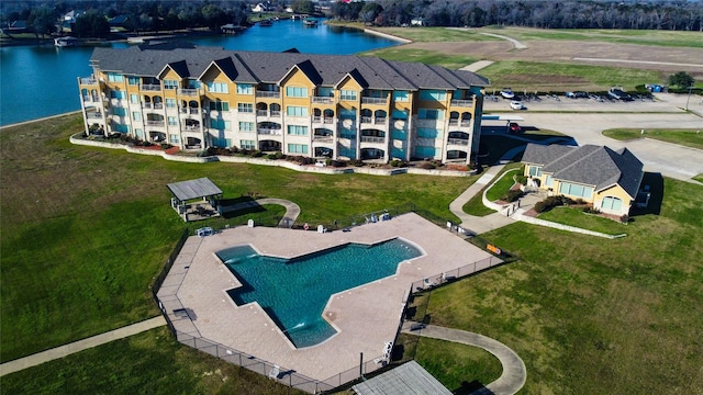 drone / aerial view with a water view