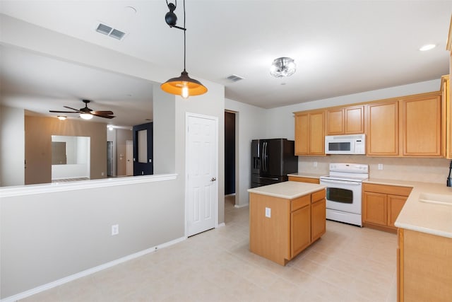 kitchen featuring sink, white appliances, hanging light fixtures, backsplash, and a kitchen island