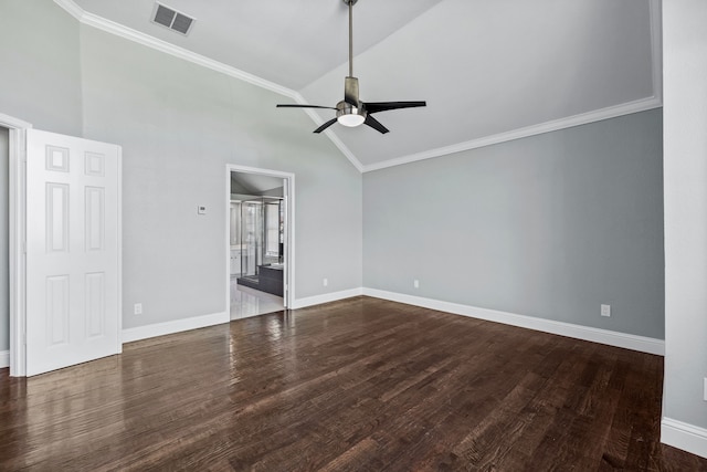 unfurnished room featuring high vaulted ceiling, crown molding, ceiling fan, and dark wood-type flooring