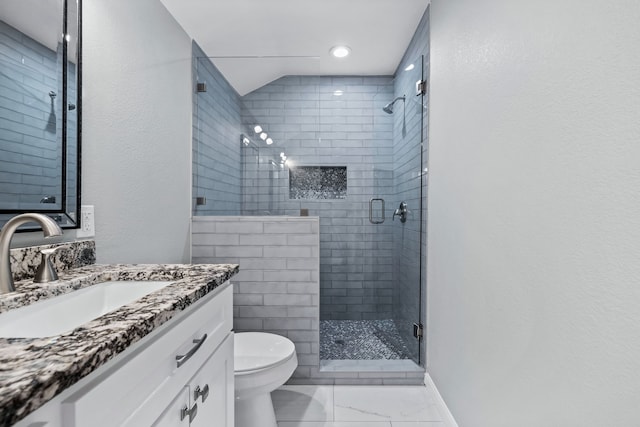 bathroom with vanity, toilet, walk in shower, and vaulted ceiling