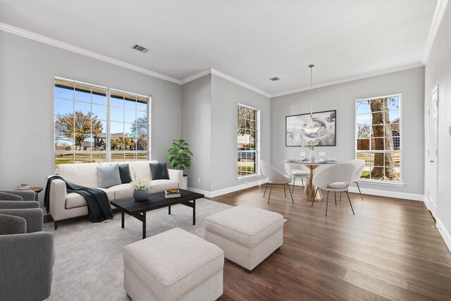 living room with dark hardwood / wood-style flooring and ornamental molding