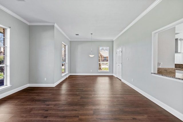 unfurnished room with crown molding and dark wood-type flooring