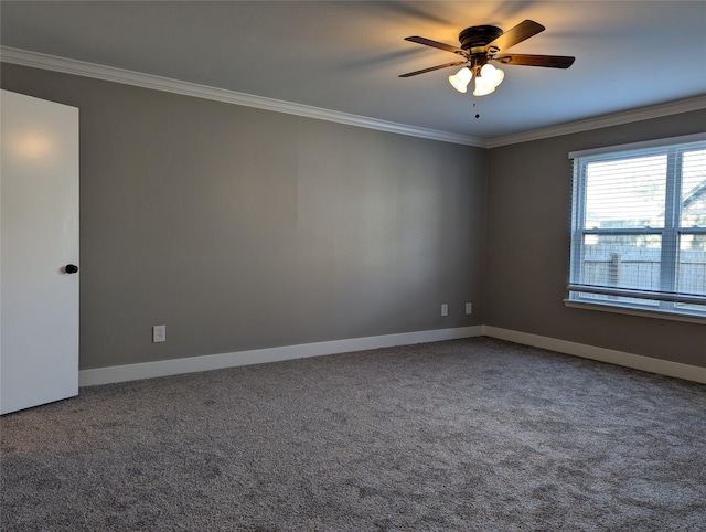 unfurnished room featuring carpet, ceiling fan, and crown molding