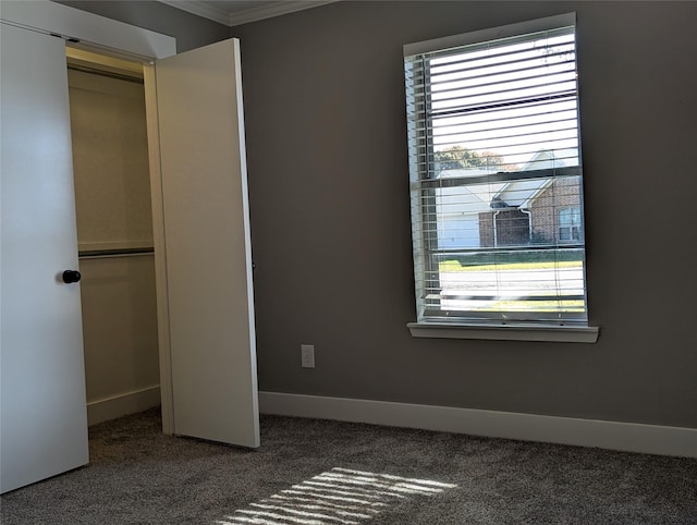 unfurnished bedroom with ornamental molding, carpet flooring, and a closet