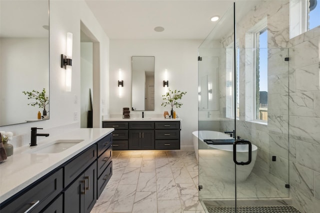 bathroom with vanity and plus walk in shower